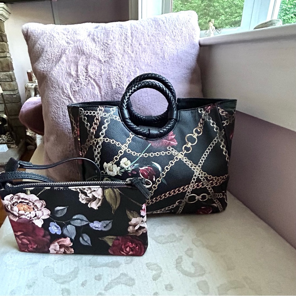 Dana Buchman, black floral vegan satchel crossbody bag - Picture 14 of 15